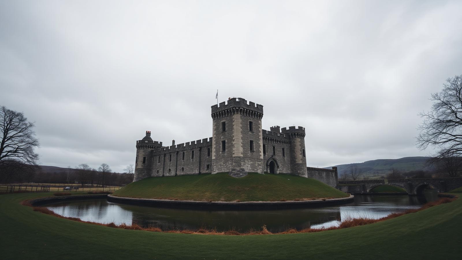 Caerphilly Castle with its moat under a moody Welsh sky
