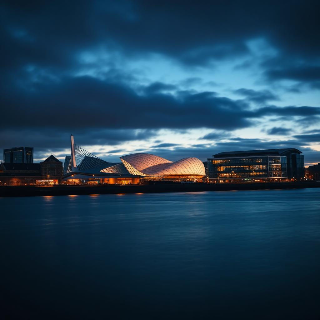 Cardiff Bay waterfront with the Wales Millennium Centre at dusk