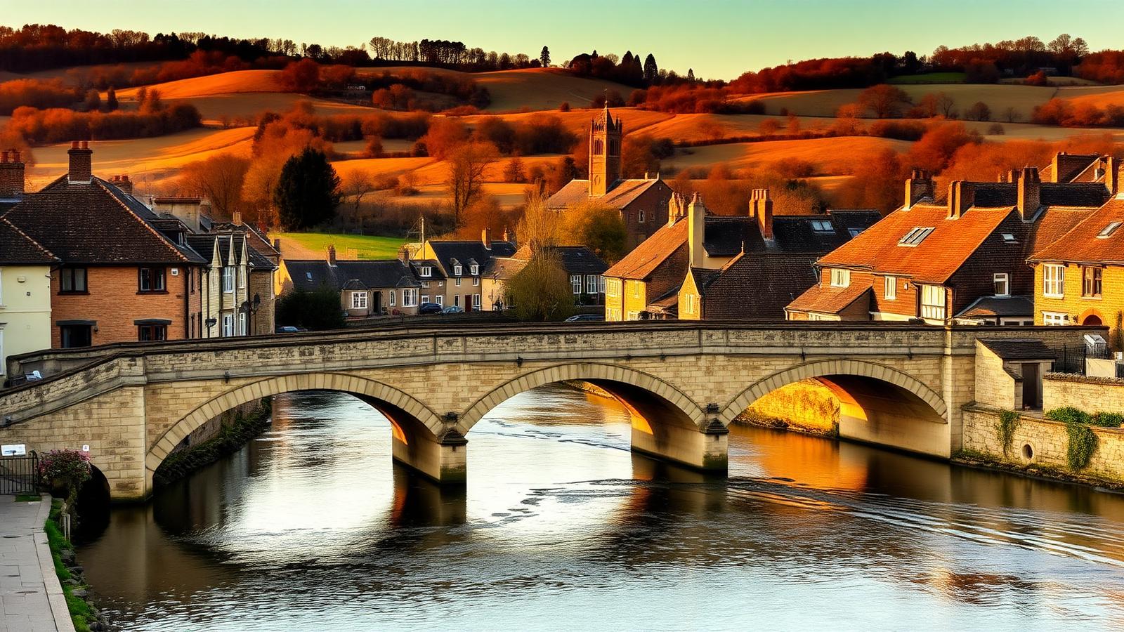 Chippenham town bridge over the River Avon with rolling Wiltshire countryside behind