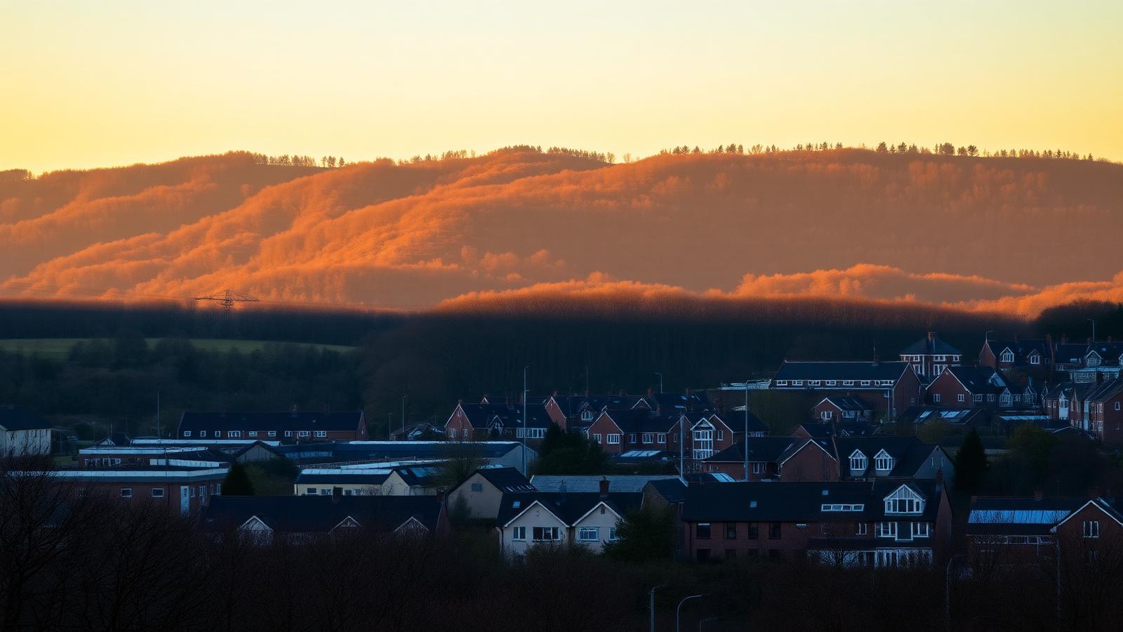 Cwmbran town beneath the wooded hills of Torfaen at golden hour