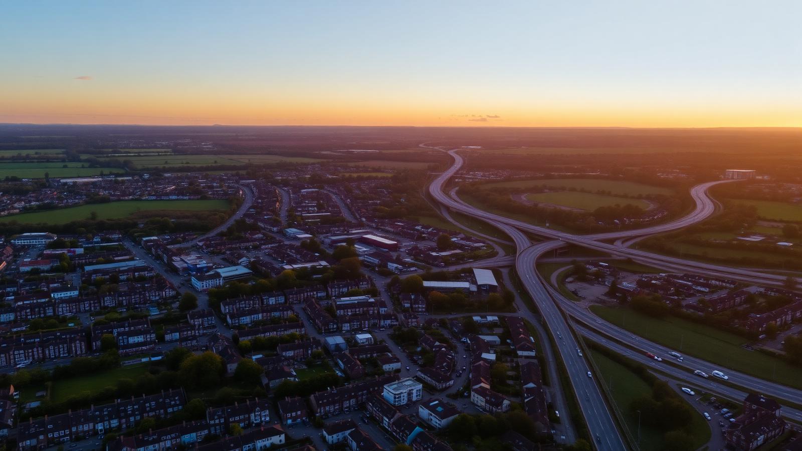 Aerial view of Swindon with the M4 motorway winding through the Wiltshire countryside at dusk